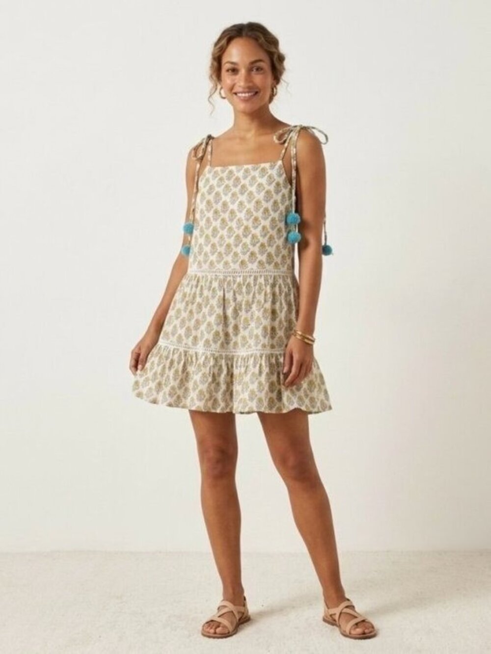 🛍 Ash & Eden Boho Floral Tiered Mini Dress with Pom-Pom Tie Straps Off White